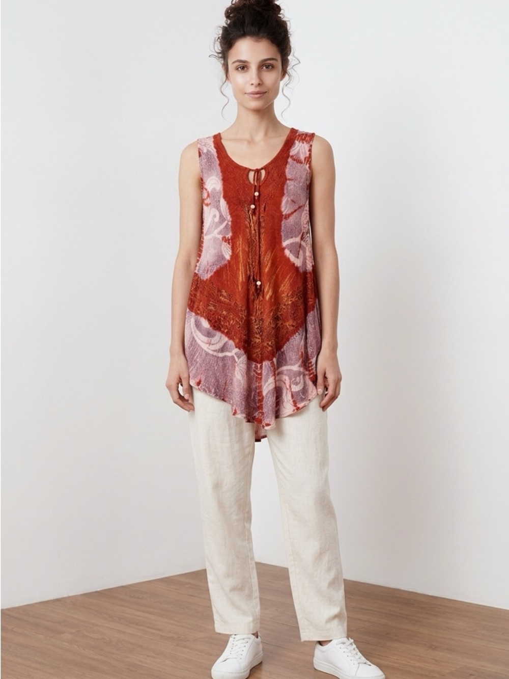 Rust Floral Boho Tunic | Sleeveless | Tie Front | Free Size